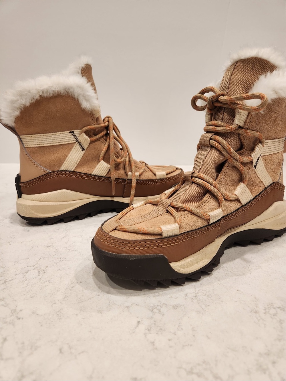 Women's Sorel Glacy Waterproof Tan Winter Lace-Up Fur-Trim Boots